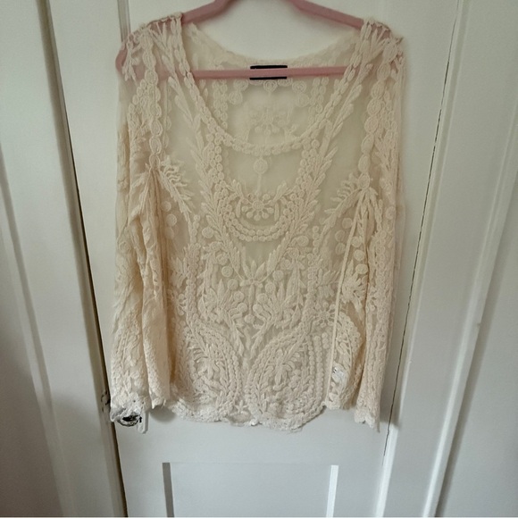 Annabelle Tops - Annabelle Cream Embroidered Mesh Lace Top Size S